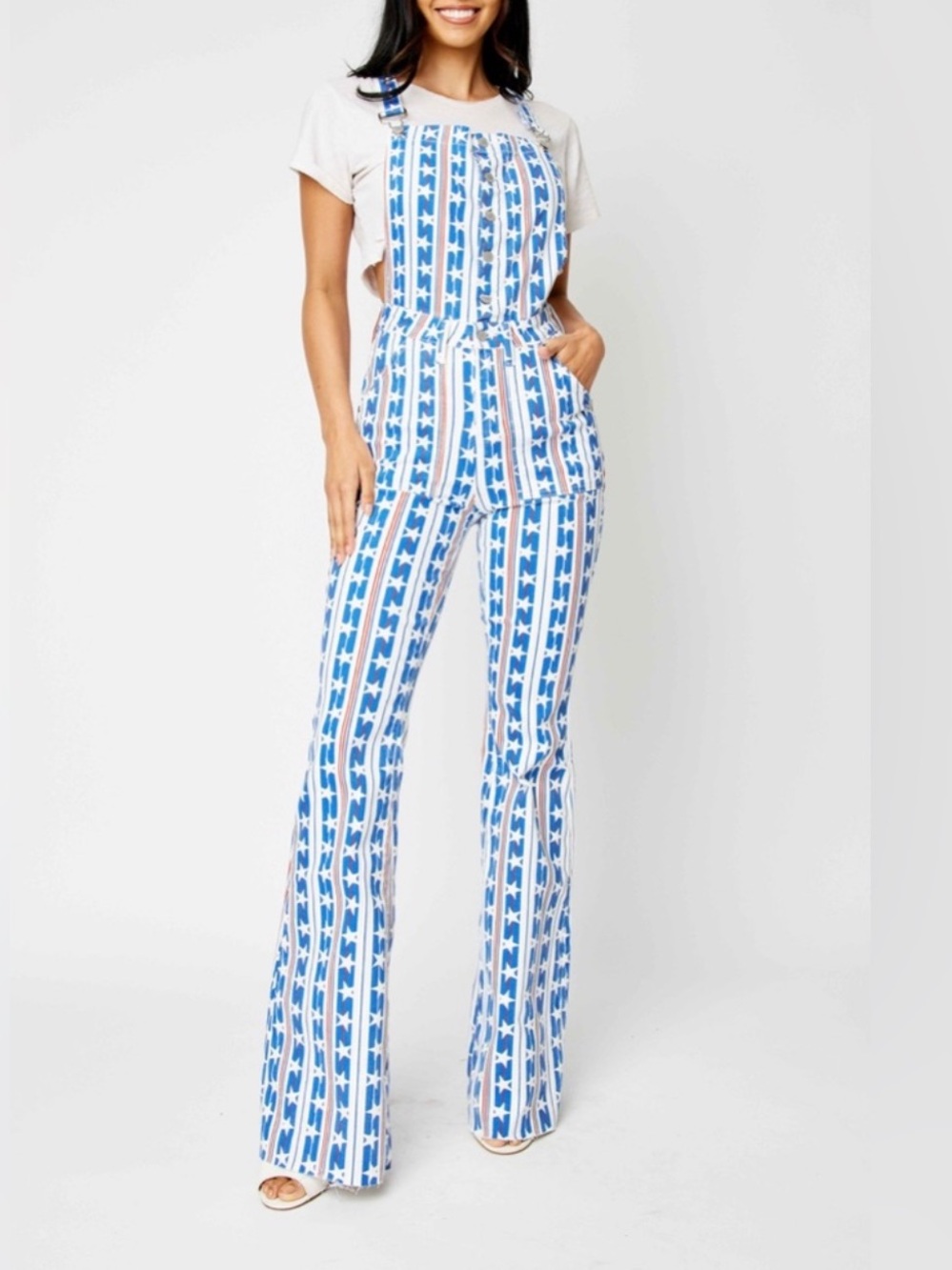 Judy Blue The Lincoln Overalls in USA Star Print Jumpsuit Size Large NEW/NWT